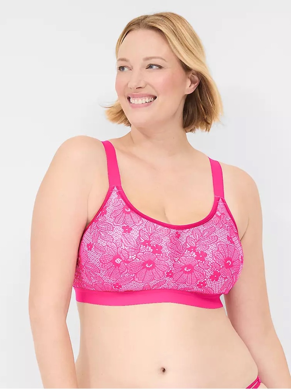 Lane Bryant Cacique Wireless Bright Pink Lace-Overlay Support Bra Size 50DDD